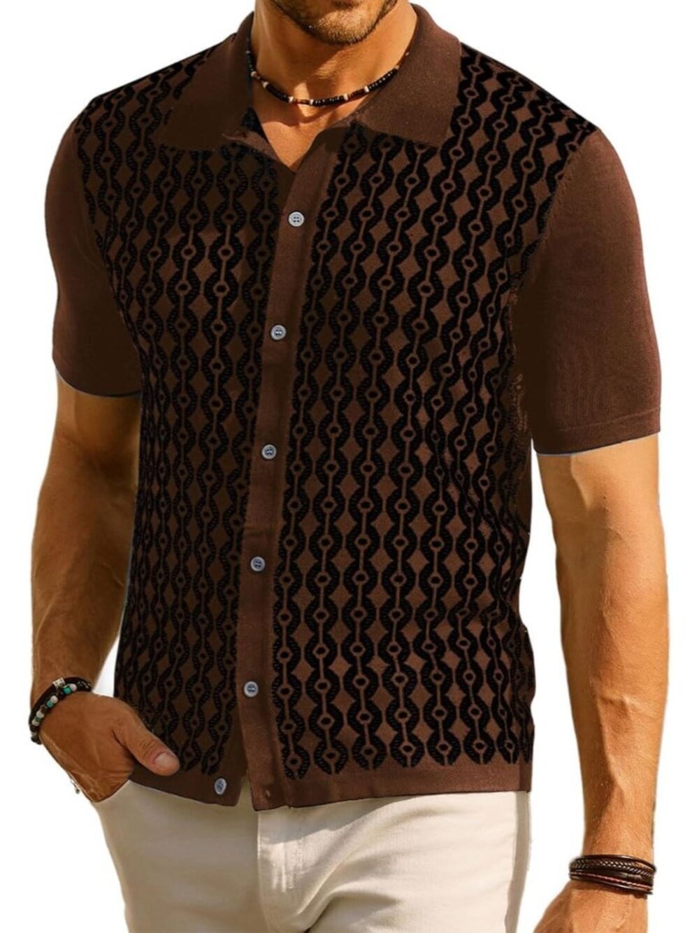 Men's Caramel/Black 70s Vintage Contrast Polo Short Sleeve Retro Knitwear Shirt